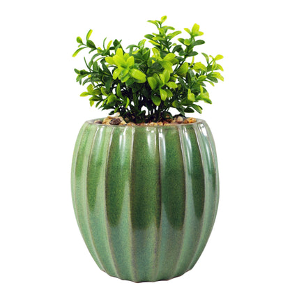 20cm Ceramic Green Glazed Barrel Planter with Artificial Crassula Plant