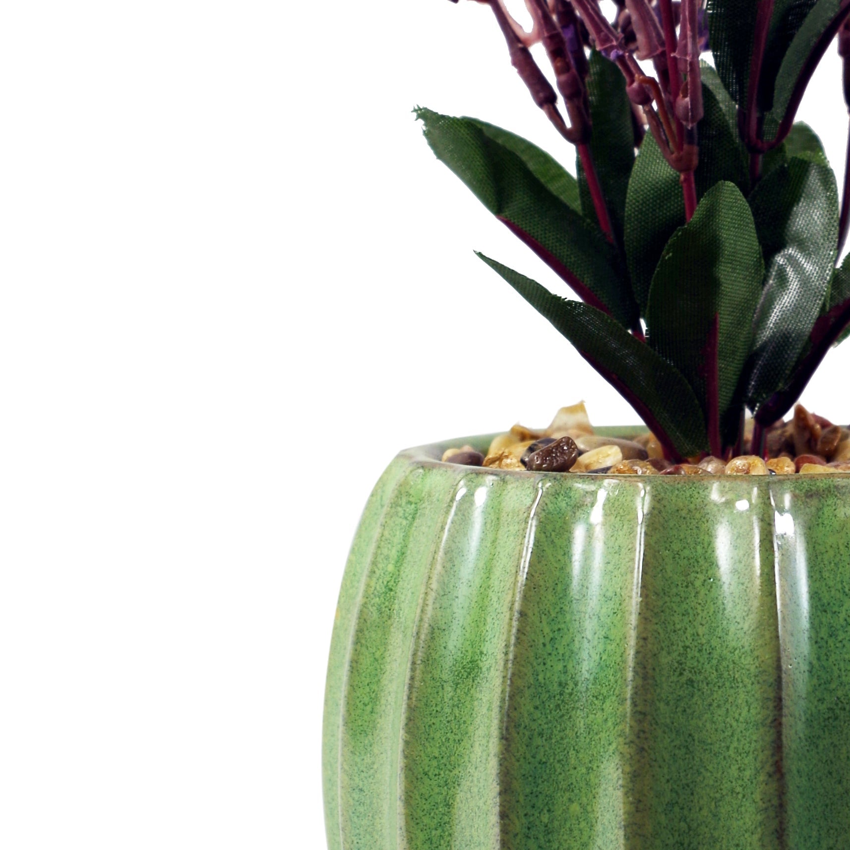 30cm Ceramic Green Glazed Barrel Planter with Artificial Purple Vitex Negundo Plant