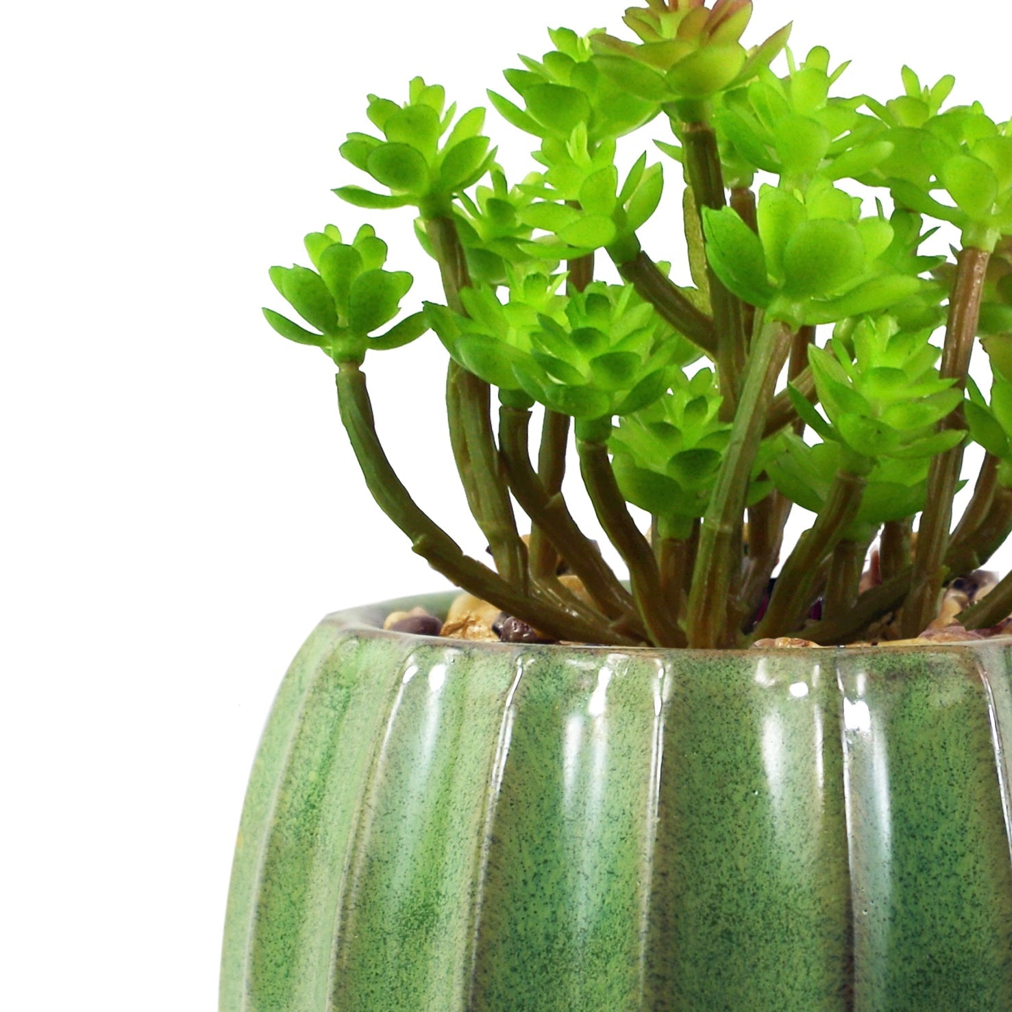 18cm Ceramic Green Glazed Barrel Planter with Artificial Sedum Clavatum Plant