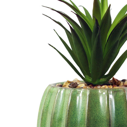 20cm Ceramic Green Glazed Barrel Planter with Artificial Green Dracaena Plant