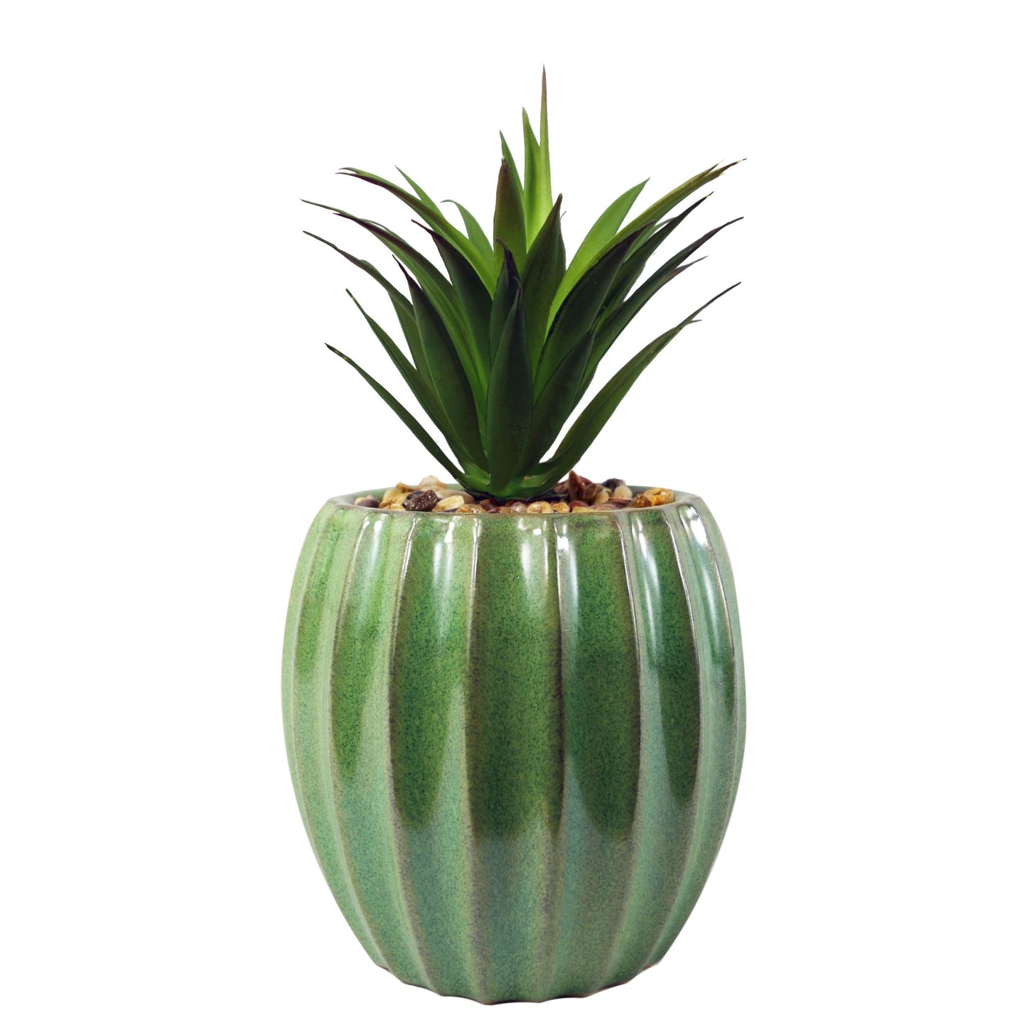 20cm Ceramic Green Glazed Barrel Planter with Artificial Green Dracaena Plant