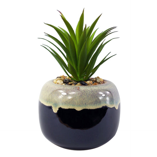 20cm Ceramic Drip Glazed Planter with Artificial Green Dracaena Plant