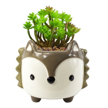 15cm Ceramic Grey Fox Planter with Artificial Sedum Clavatum Plant
