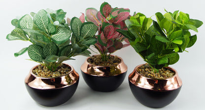 22cm Ceramic Planter Copper Band with Artificial Red Mosaic Plant