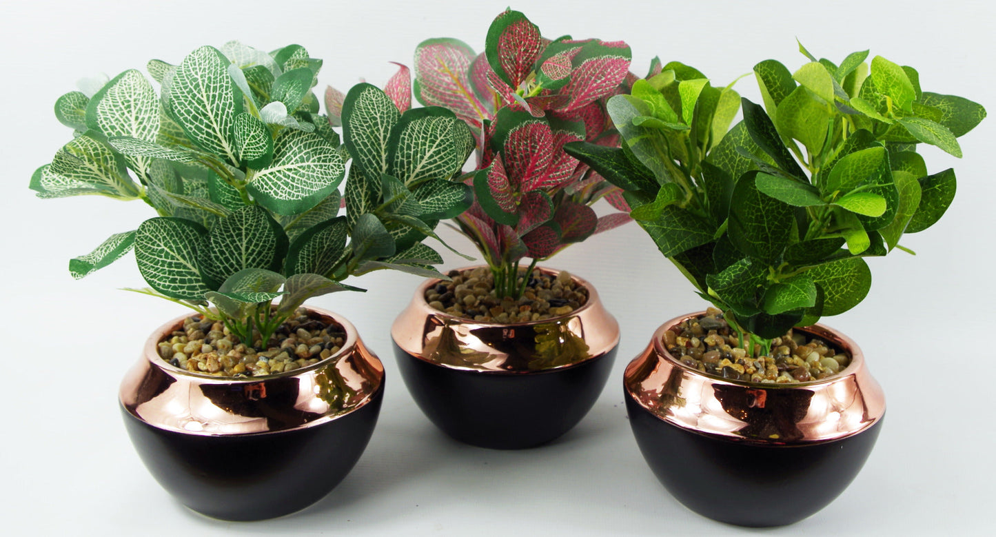 22cm Ceramic Planter Copper Band with Artificial Green Mosaic Plant