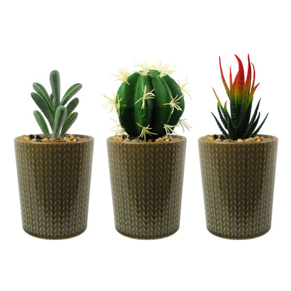 Set of Three 17cm Ceramic Stone Stripe Planter with Artificial Cactus Dracaena & Succulents