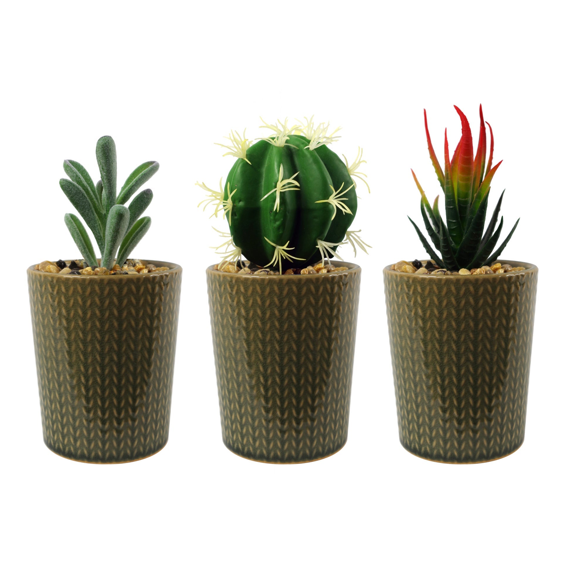 18cm Ceramic Stone Stripe Planter with Artificial Red Dracaena Plant