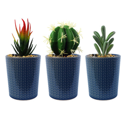 18cm Ceramic Blue Stripe Planter with Artificial Red Dracaena Plant