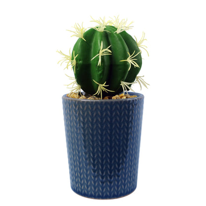 Set of Three 17cm Ceramic Blue Stripe Planter with Artificial Cactus Dracaena & Succulents