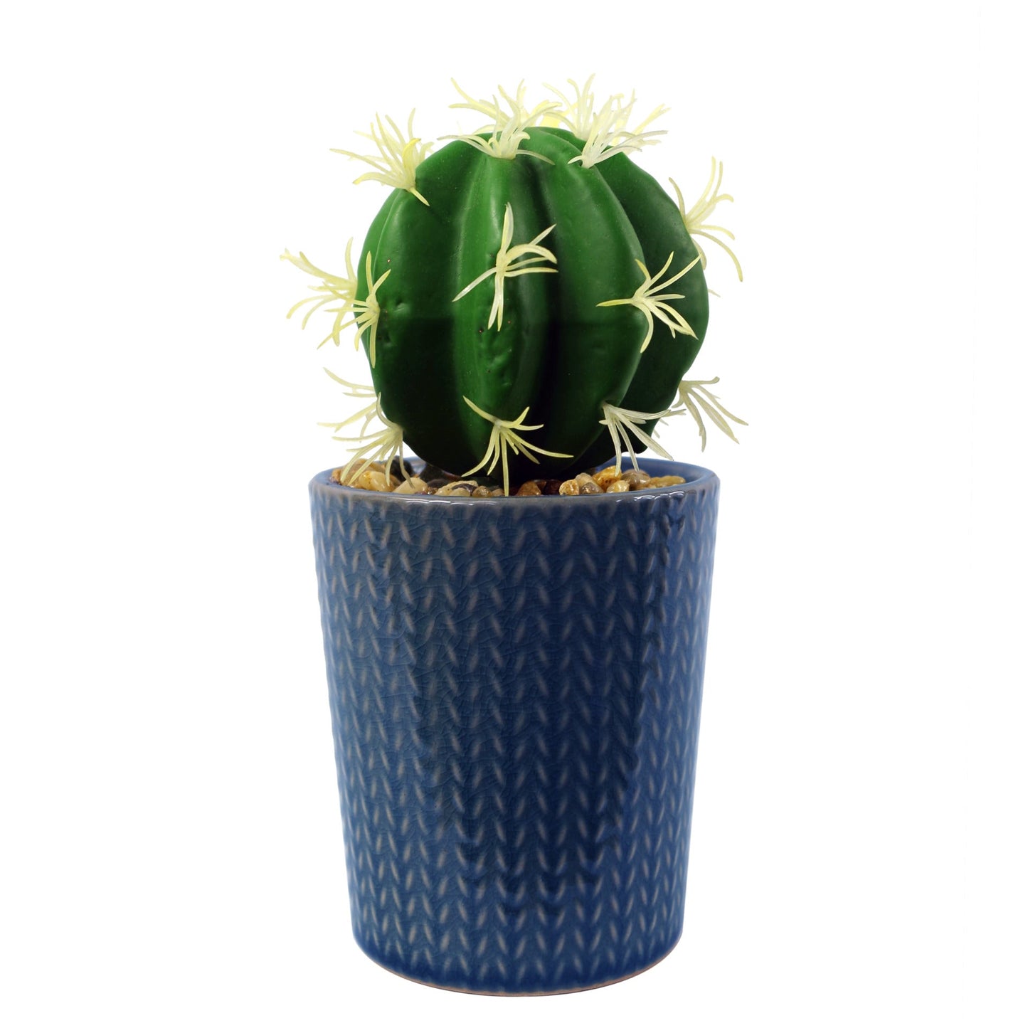 17cm Ceramic Blue Stripe Planter with Artificial Cactus