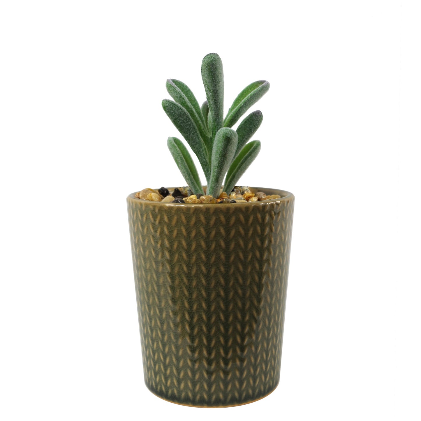 Set of Three 17cm Ceramic Stone Stripe Planter with Artificial Cactus Dracaena & Succulents