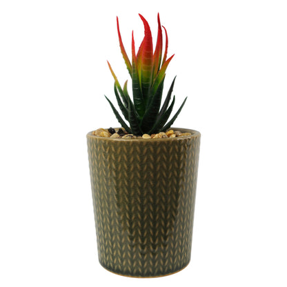 Set of Three 17cm Ceramic Stone Stripe Planter with Artificial Cactus Dracaena & Succulents