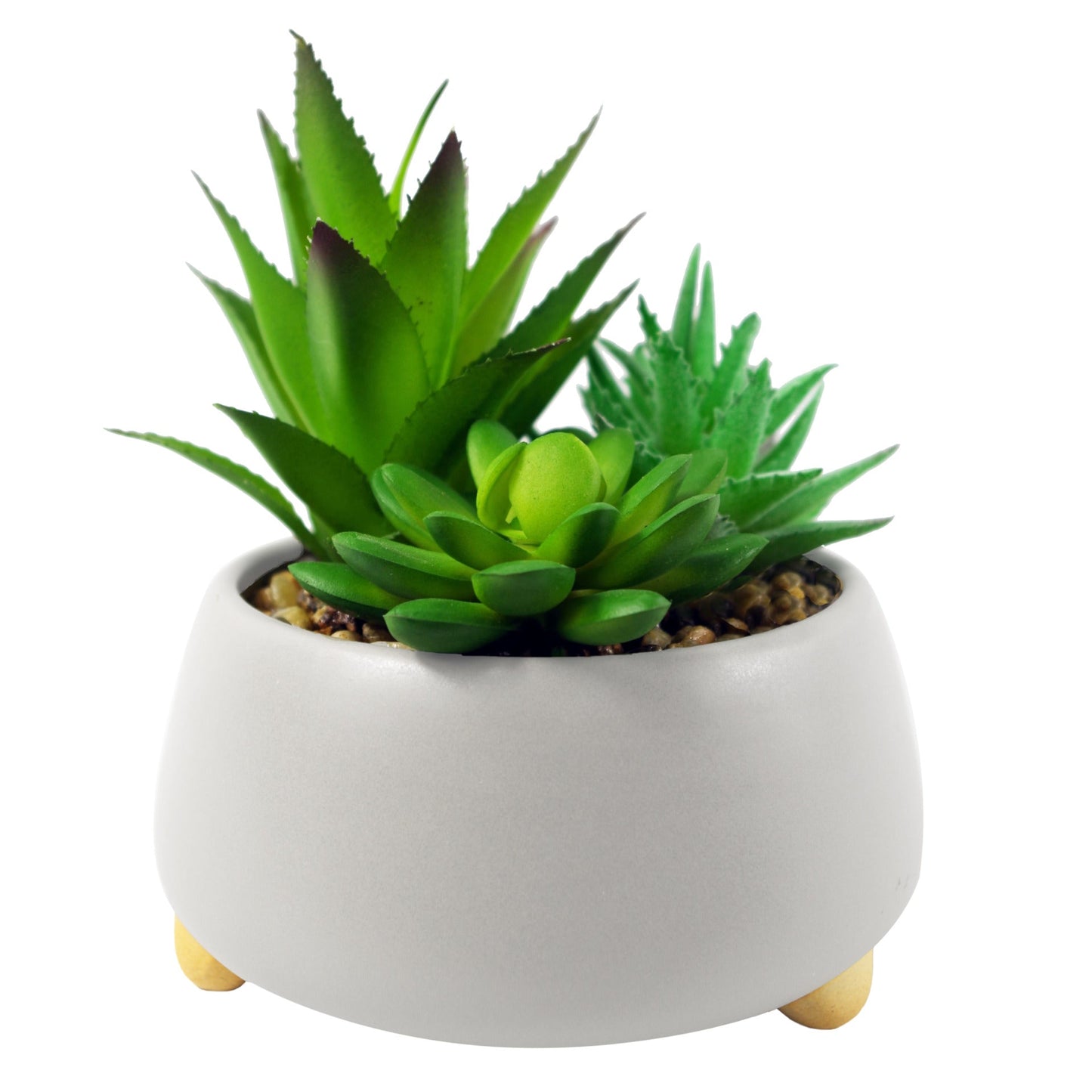 12cm Ceramic Pebble White Planter with Three Artificial Succulent Plants