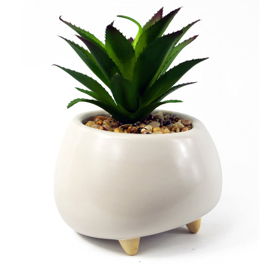 15cm Ceramic Pebble White Planter with Artificial Succulent Plant