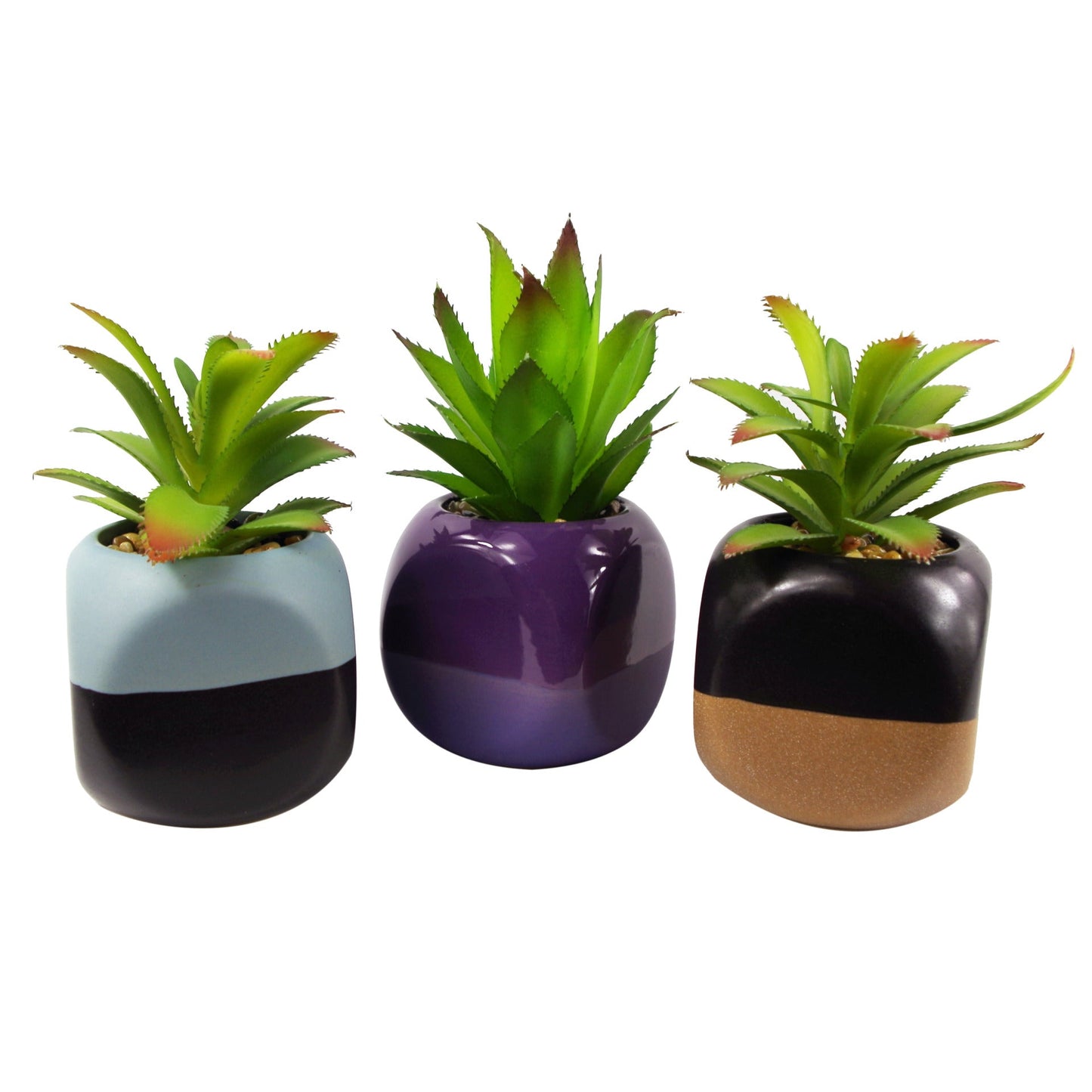 13cm Set of Three Mini Ceramic Cube Planters with Artificial Succulent Plants
