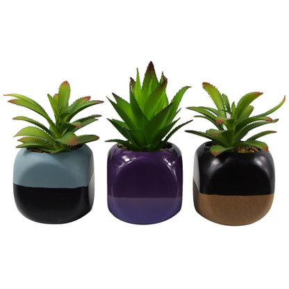 13cm Set of Three Mini Ceramic Cube Planters with Artificial Succulent Plants