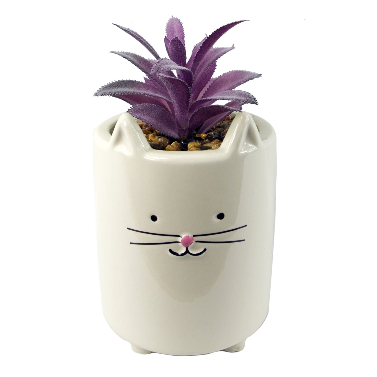 18cm Ceramic White Cat Planter with Artificial Pink and Purple Succulent Plant