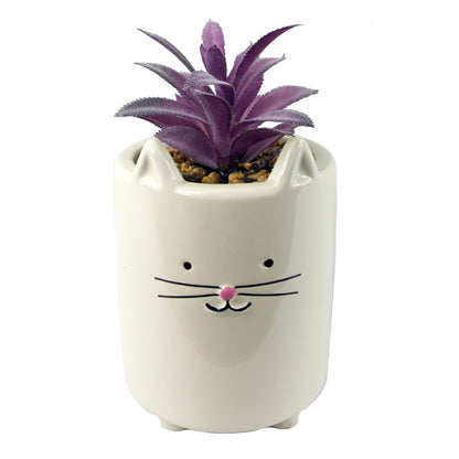 18cm Ceramic White Cat Planter with Artificial Pink and Purple Succulent Plant