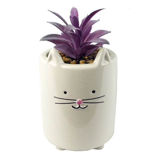 18cm Ceramic White Cat Planter with Artificial Pink and Purple Succulent Plant