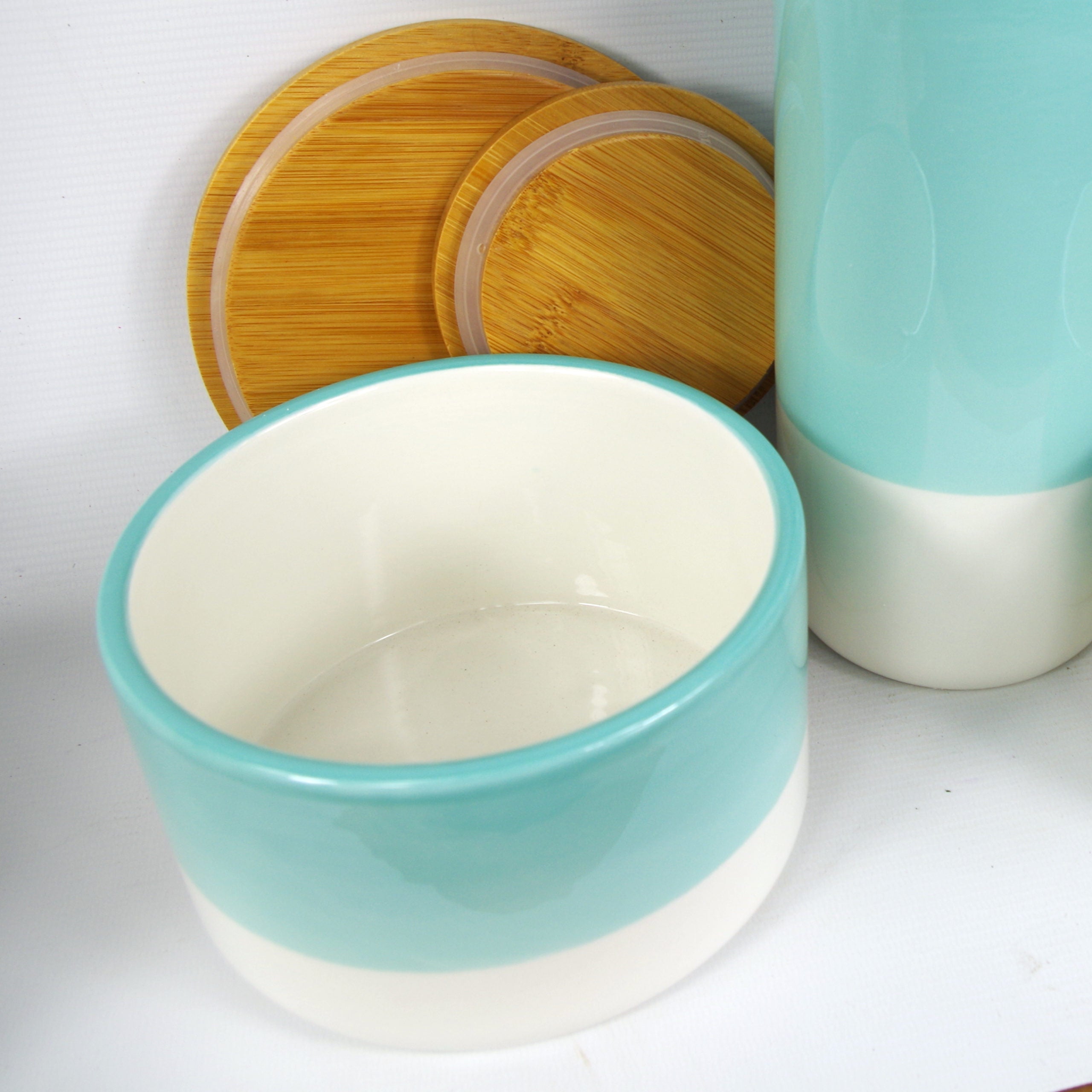 Set of Three Canisters Green Ceramic Storage Jars with Lids