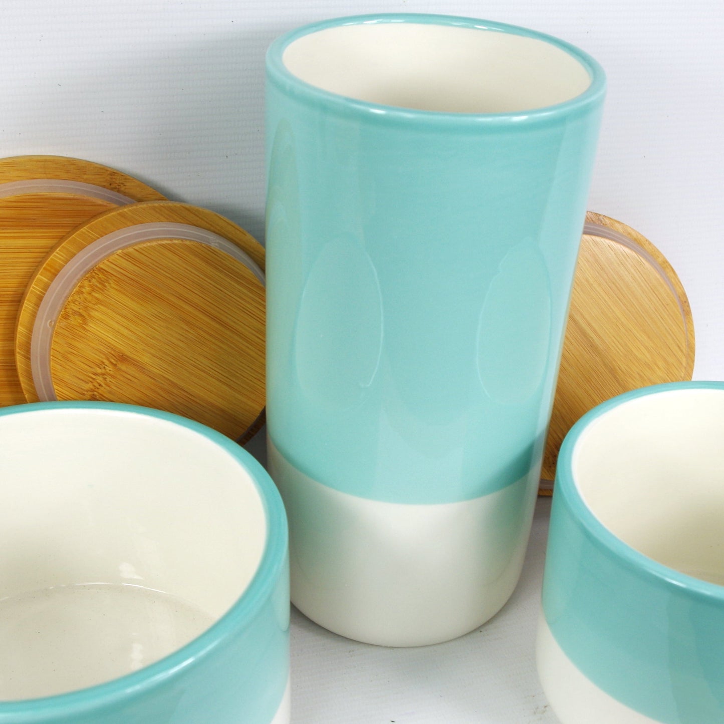 Set of Three Canisters Green Ceramic Storage Jars with Lids