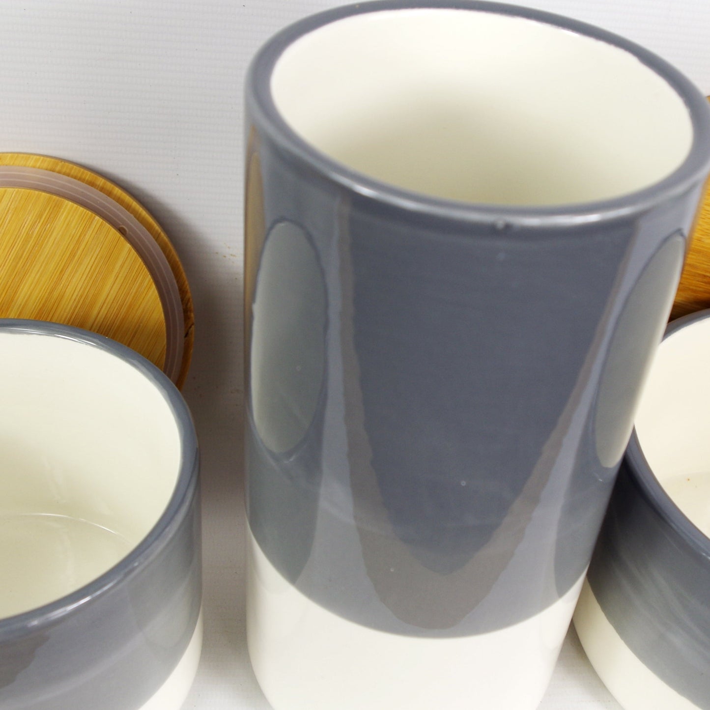 Set of Three Canisters Grey Ceramic Storage Jars with Lids