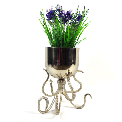 68cm Silver Metal Octopus Bowl Style Planter with Artificial Lavender