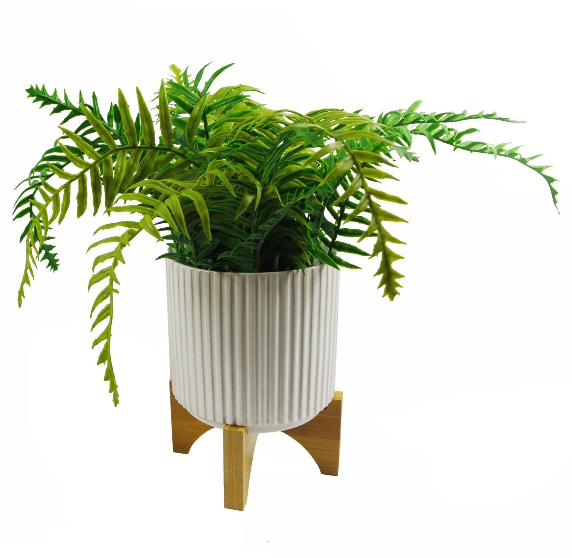 White Ribbed Ceramic Plant Pot with Bamboo Stand 16.5 x 16.5 x 21cm