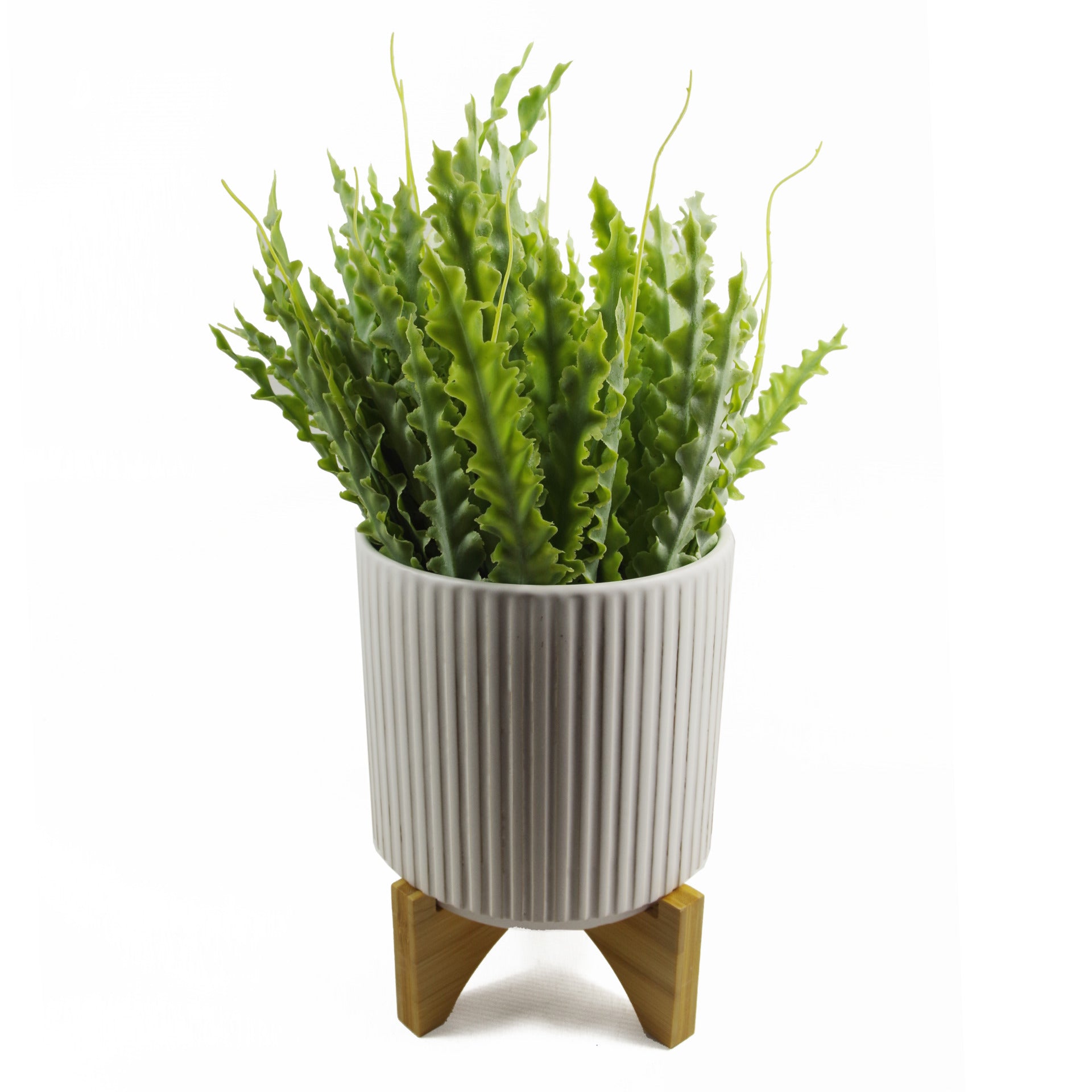 White Ribbed Ceramic Plant Pot with Bamboo Stand 16.5 x 16.5 x 21cm