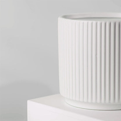 White Ribbed Ceramic Plant Pot with Bamboo Stand 14.5 x 14.5 x 19cm