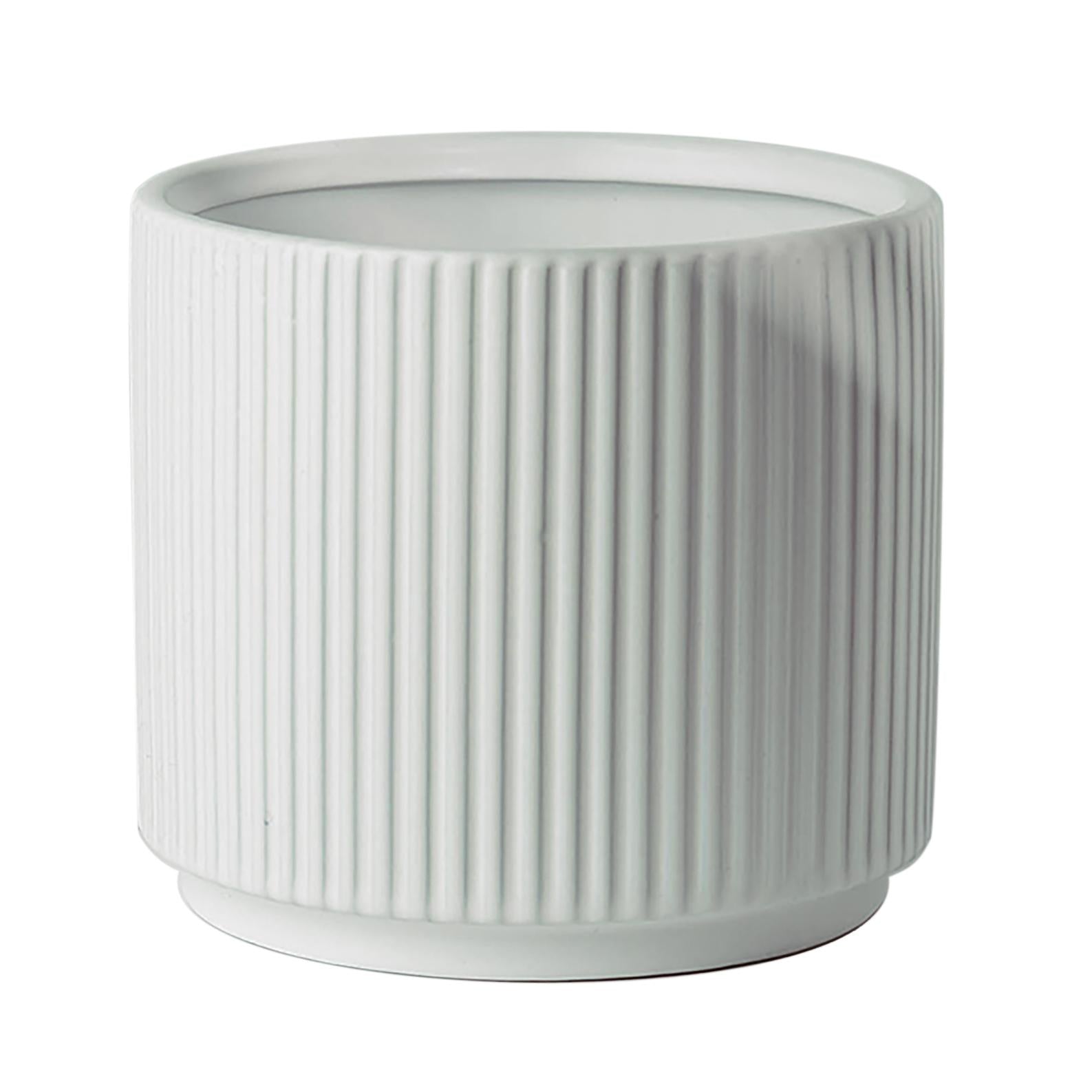 White Ribbed Ceramic Plant Pot with Bamboo Stand 14.5 x 14.5 x 19cm