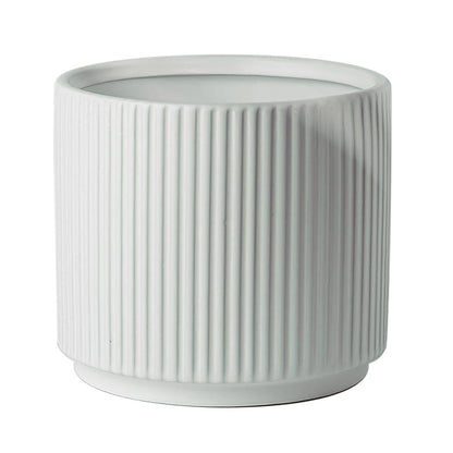 White Ribbed Ceramic Plant Pot with Bamboo Stand 14.5 x 14.5 x 19cm