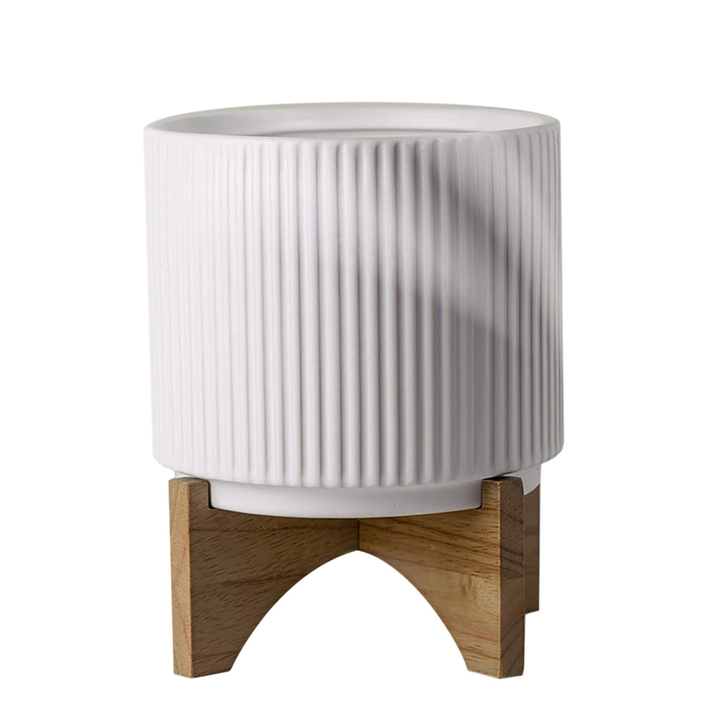 White Ribbed Ceramic Plant Pot with Bamboo Stand 14.5 x 14.5 x 19cm