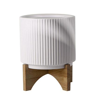 White Ribbed Ceramic Plant Pot with Bamboo Stand 14.5 x 14.5 x 19cm