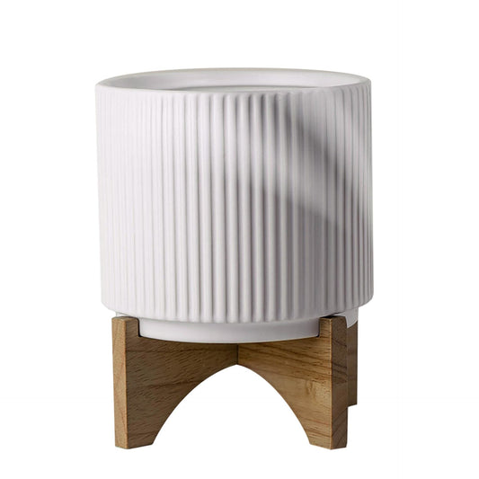 White Ribbed Ceramic Plant Pot with Bamboo Stand 16.5 x 16.5 x 21cm