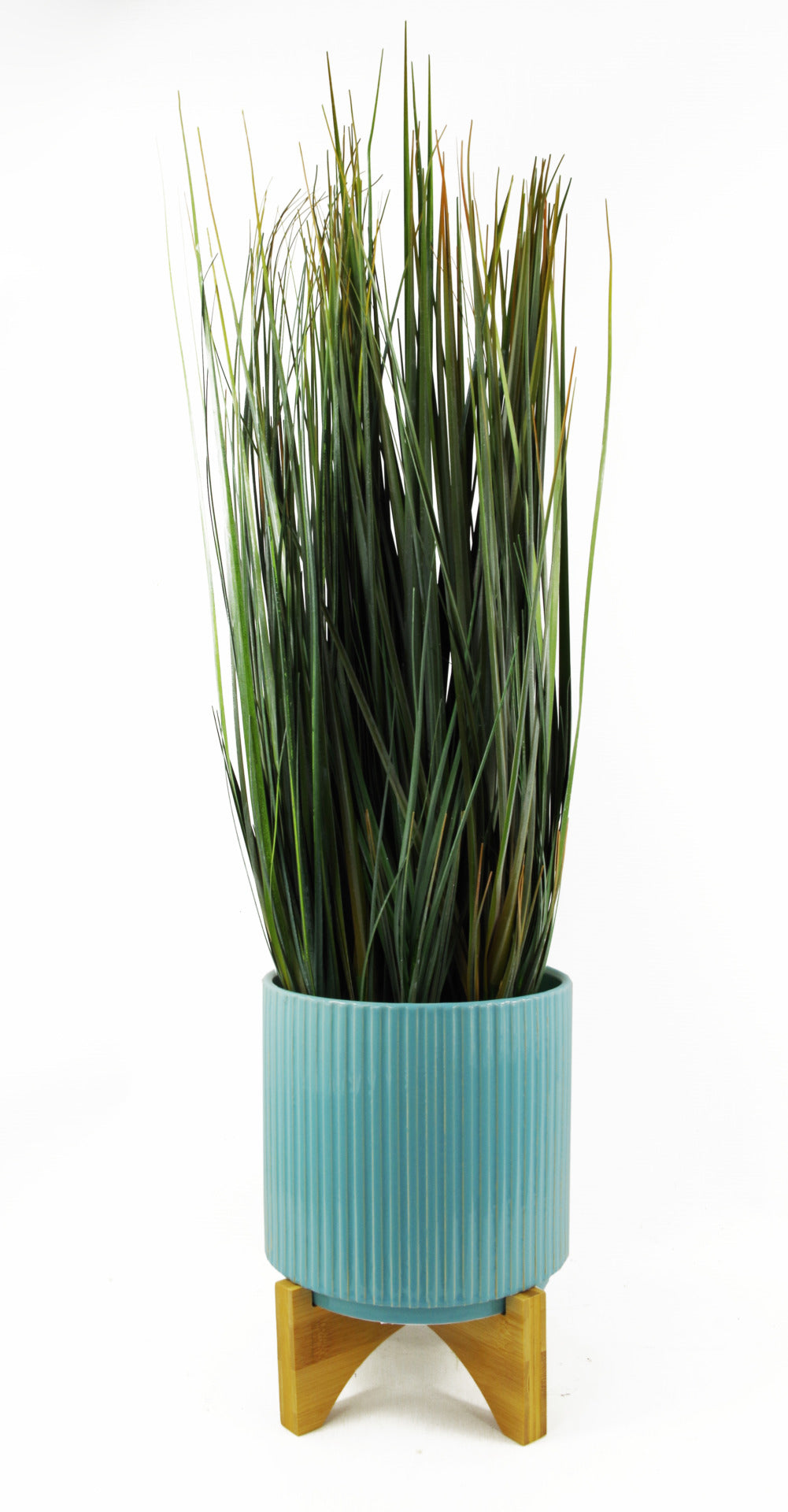Turquoise Blue Ribbed Ceramic Plant Pot with Bamboo Stand 16.5 x 16.5 x 21cm