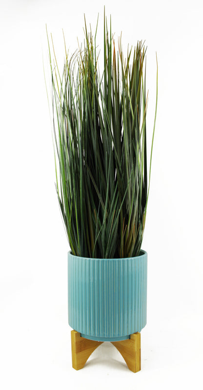 Turquoise Blue Ribbed Ceramic Plant Pot with Bamboo Stand 16.5 x 16.5 x 21cm