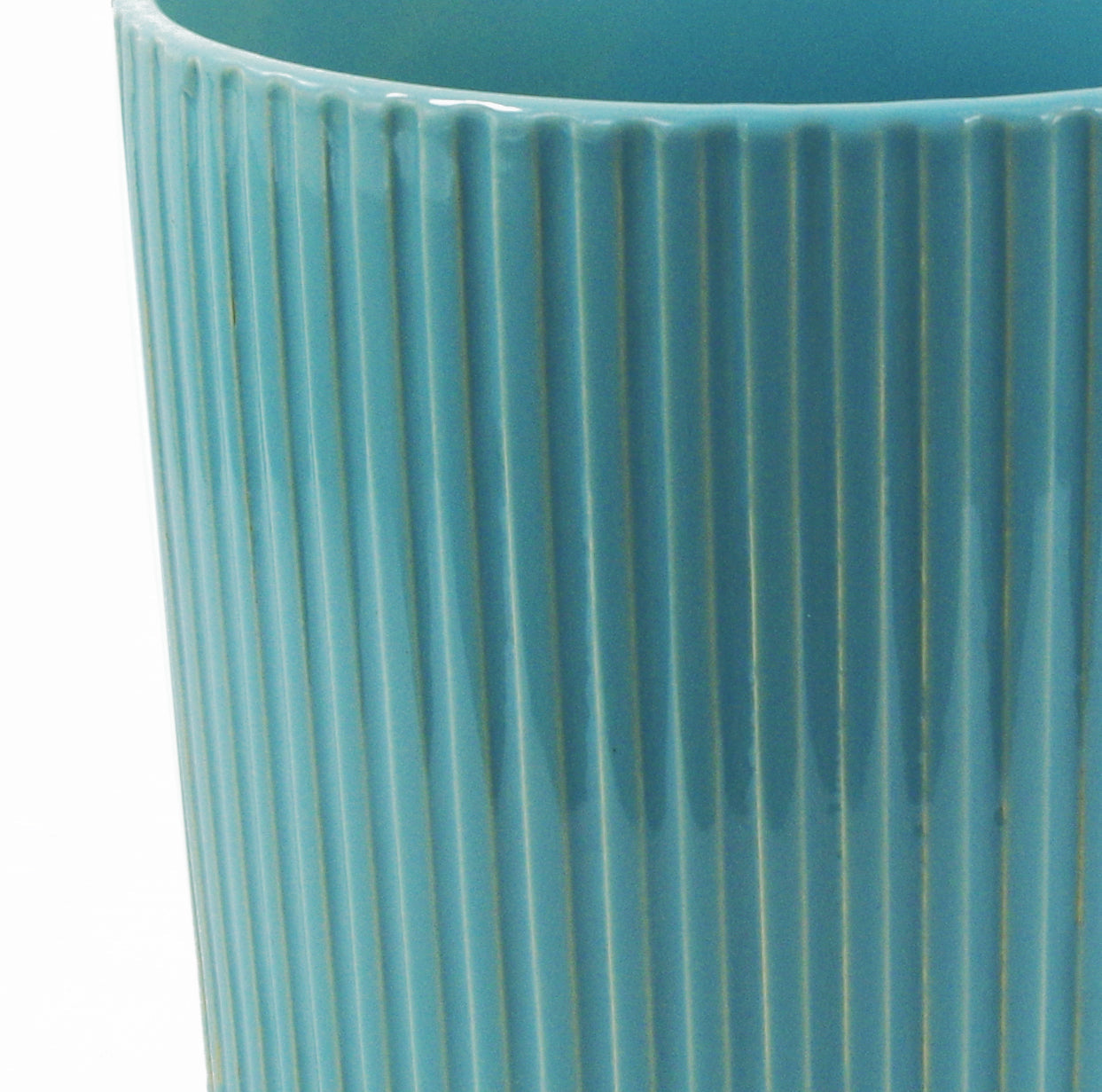 Turquoise Blue Ribbed Ceramic Planter Plant Pot with Bamboo Stand 14.5 x 14.5 x 19cm