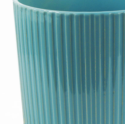 Turquoise Blue Ribbed Ceramic Planter Plant Pot with Bamboo Stand 14.5 x 14.5 x 19cm