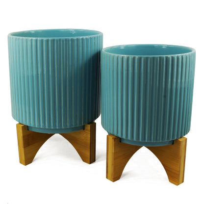 Turquoise Blue Ribbed Ceramic Plant Pot with Bamboo Stand 16.5 x 16.5 x 21cm