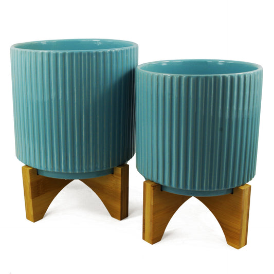 Turquoise Blue Ribbed Ceramic Plant Pot with Bamboo Stand 16.5 x 16.5 x 21cm
