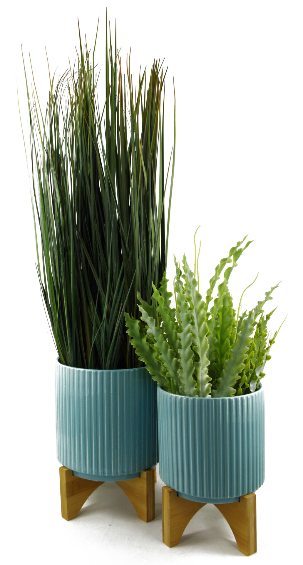 Turquoise Blue Ribbed Ceramic Planter Plant Pot with Bamboo Stand 14.5 x 14.5 x 19cm