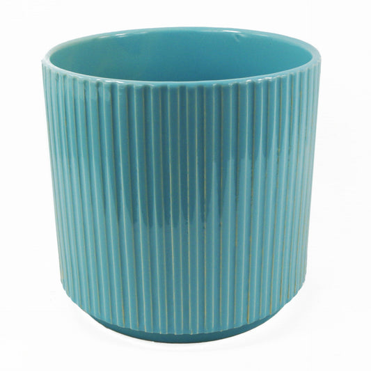 Turquoise Blue Ribbed Ceramic Plant Pot 16 x 16 x 15cm