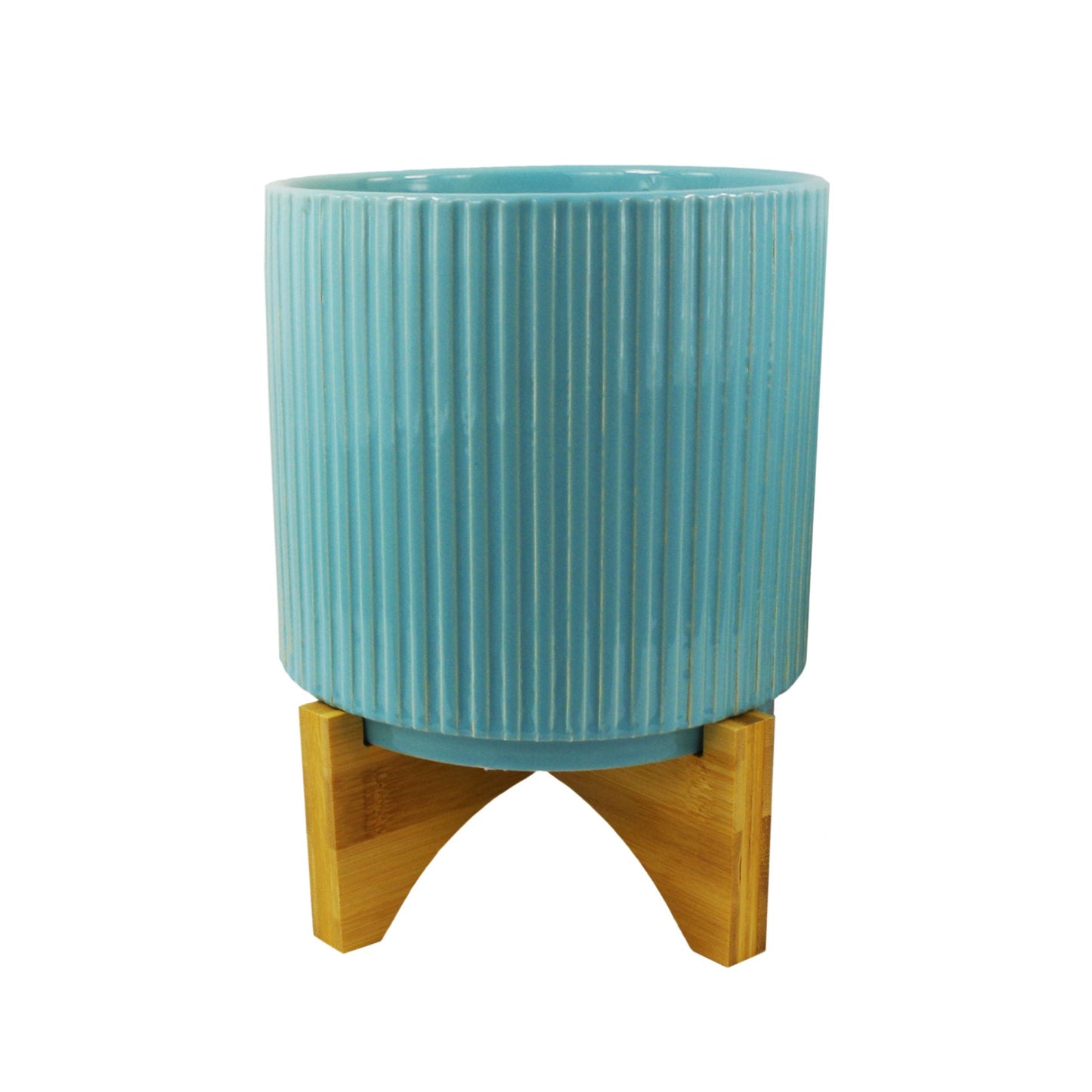 Turquoise Blue Ribbed Ceramic Planter Plant Pot with Bamboo Stand 14.5 x 14.5 x 19cm