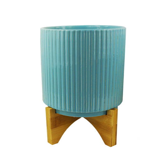 Turquoise Blue Ribbed Ceramic Planter Plant Pot with Bamboo Stand 14.5 x 14.5 x 19cm