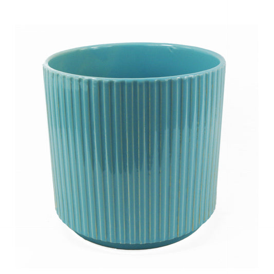 Turquoise Blue Ribbed Ceramic Planter Plant Pot 13.5 x 13.5 x 13cm