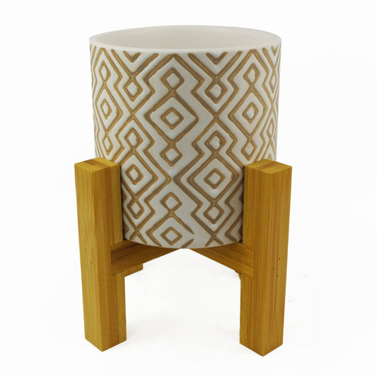 Grey Geometric Planter Plant Pot with Bamboo Stand 16 x 16 x 19cm