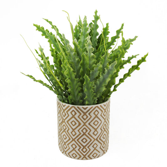 40cm Ceramic Geometric Planter And Artificial Fern Plants