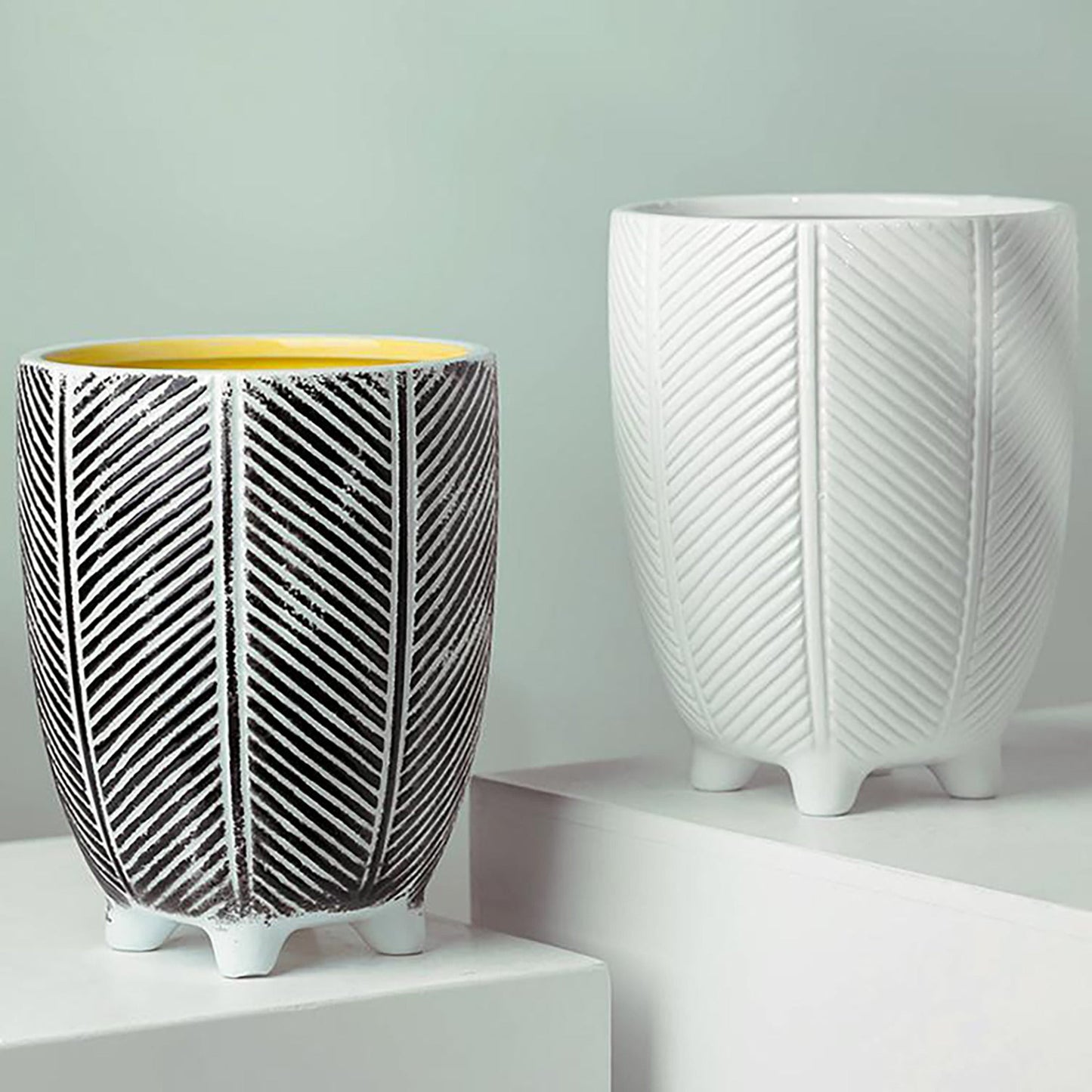 Tall Ceramic Planter Plant Pot With Feet Black Stripe 15 x 15 x 19cm