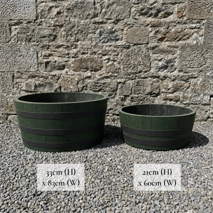 #65-70cm(D) x 21cm(H) 1/4 Barrel
#80-85cm(D) x 33cm(H) 1/4 Barrel 
#Green/Black Band
#with Liner
#without Liner